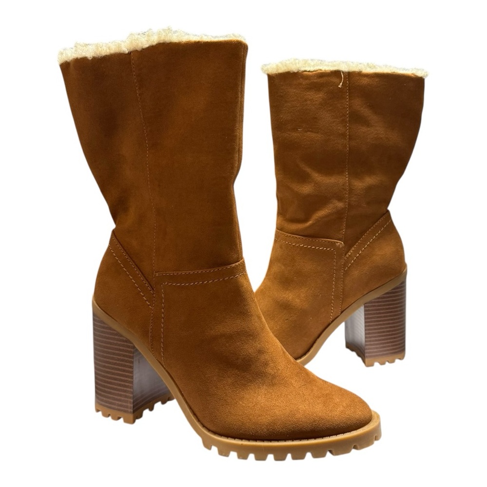 Women’s Size 7 New in Box Stacey Shearling Fold Over Stacked Heel Brown Boot - Picture 3 of 10